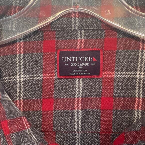 Untuckit Plaid Flannel Button Shirt Men's Size XXL Gray & Red Cotton Long Sleeve - Picture 4 of 6